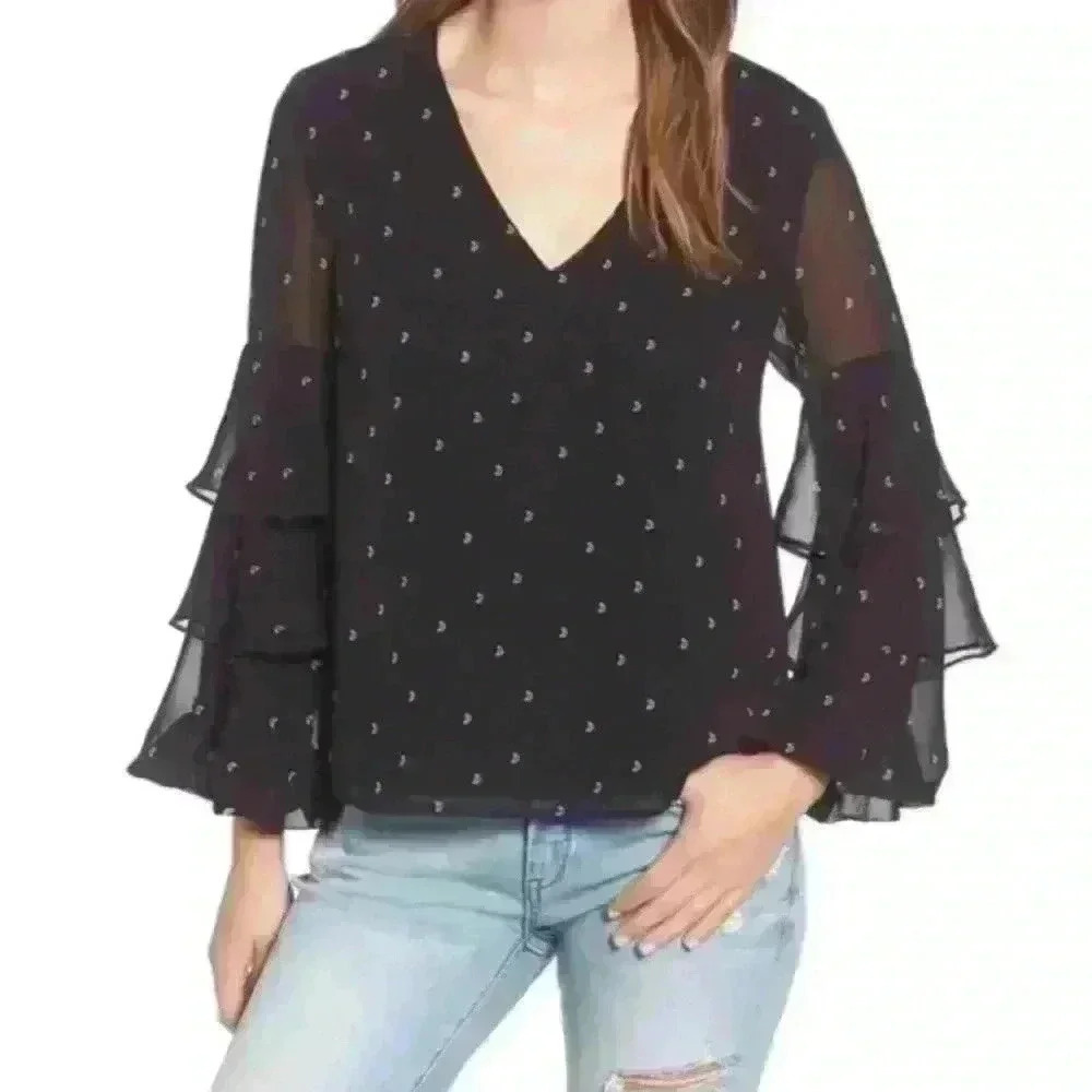 WAYF Micah Ruffle Sleeve Black White Crescent Moon Print Blouse sz small - Picture 1 of 7